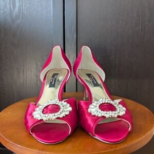 Red Satin Peep-Toe Heels